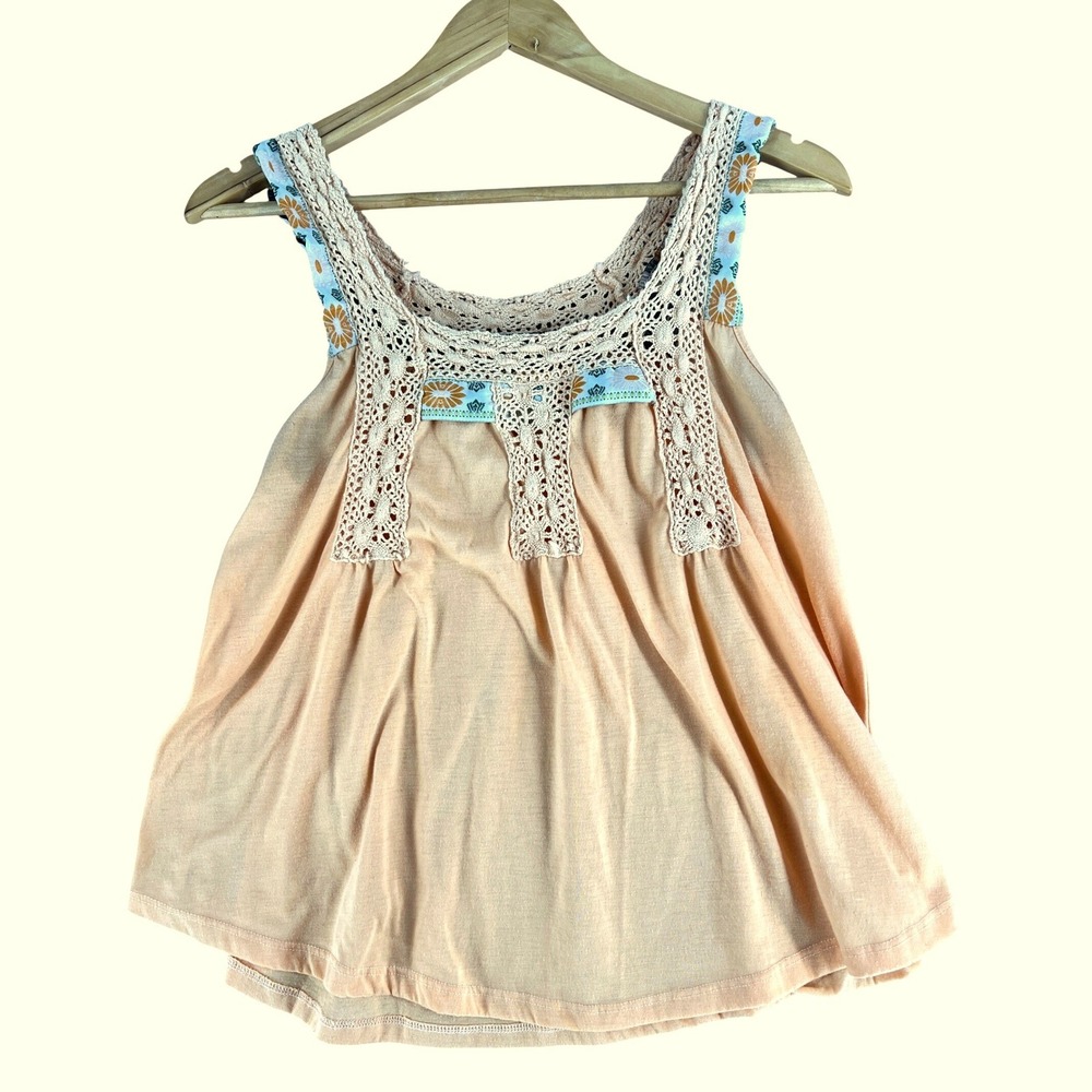 Daytrip Y2K Crochet Lace Floral Boho Fairy Grunge Tank Top L Peach Cottagecore